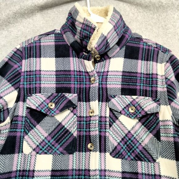 Soho Threads Button Down Jacket Womens Size S Purple White Plaid Sherpa Lined - Picture 2 of 13